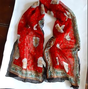 Women's Red Christmas Holiday Scarf Vintage. Santa Claus Pattern.